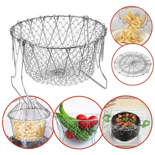 Stainless Steel Multi-Functional Foldable Chef Basket β Deluxe Kitchen Colander, Mesh Steam, Rinse, Strain & Fry Basket
