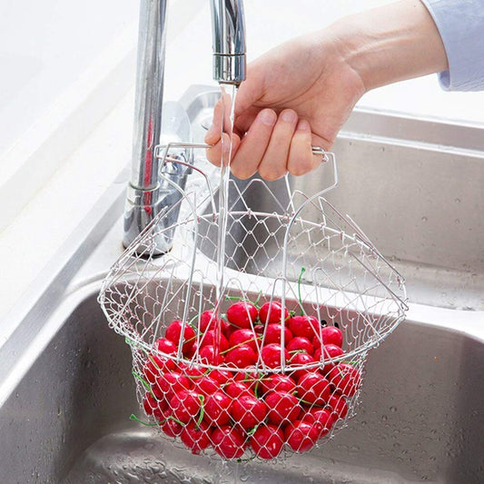 Stainless Steel Multi-Functional Foldable Chef Basket β Deluxe Kitchen Colander, Mesh Steam, Rinse, Strain & Fry Basket