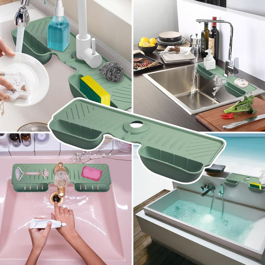 Silicone Faucet Splash Guard Mat With Sponge Holder โ Green Sink Water Catcher & Kitchen Organizer