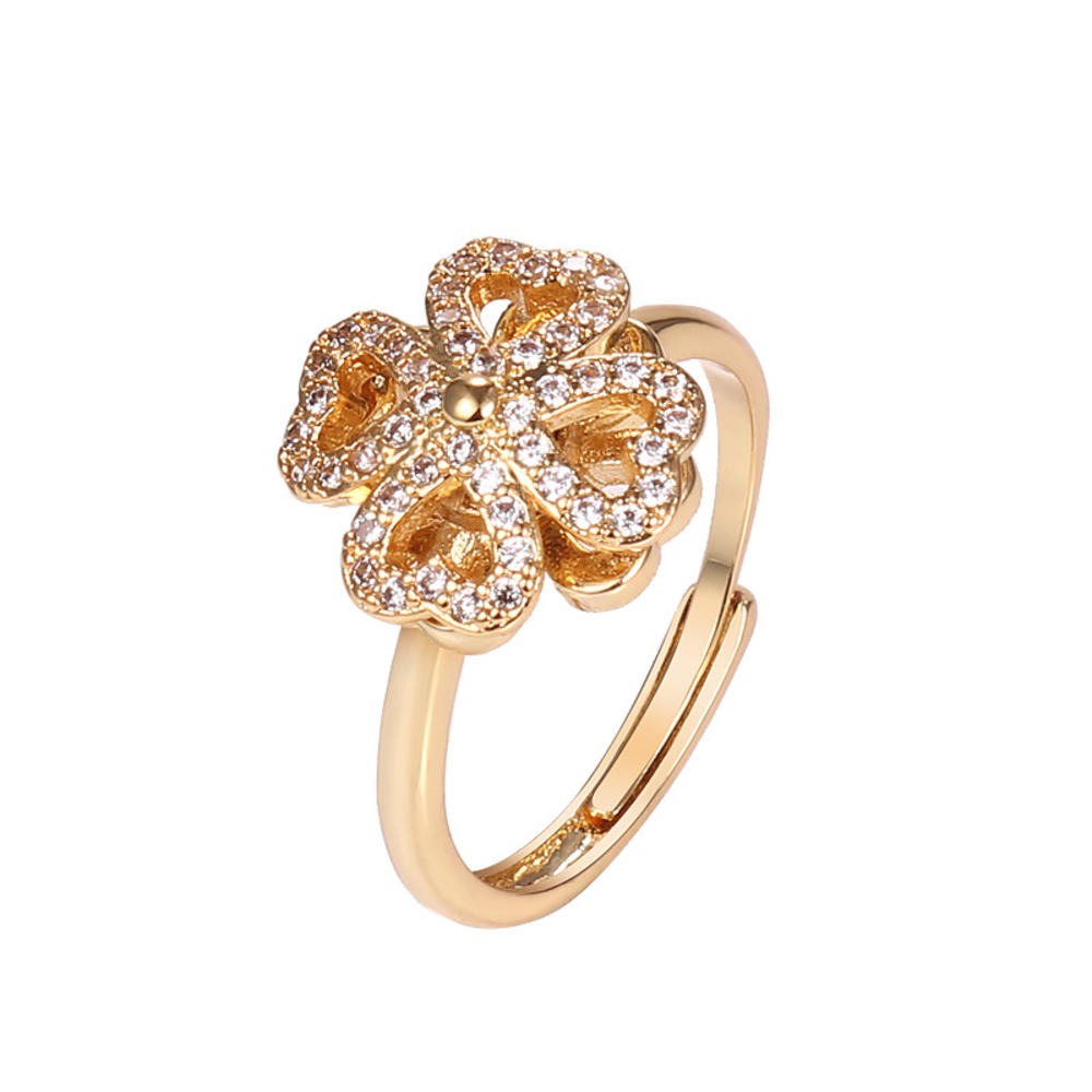 Stress Relief Ring, Adjustable Lucky Flower Ring For Women & Girls (With Box) - Golden