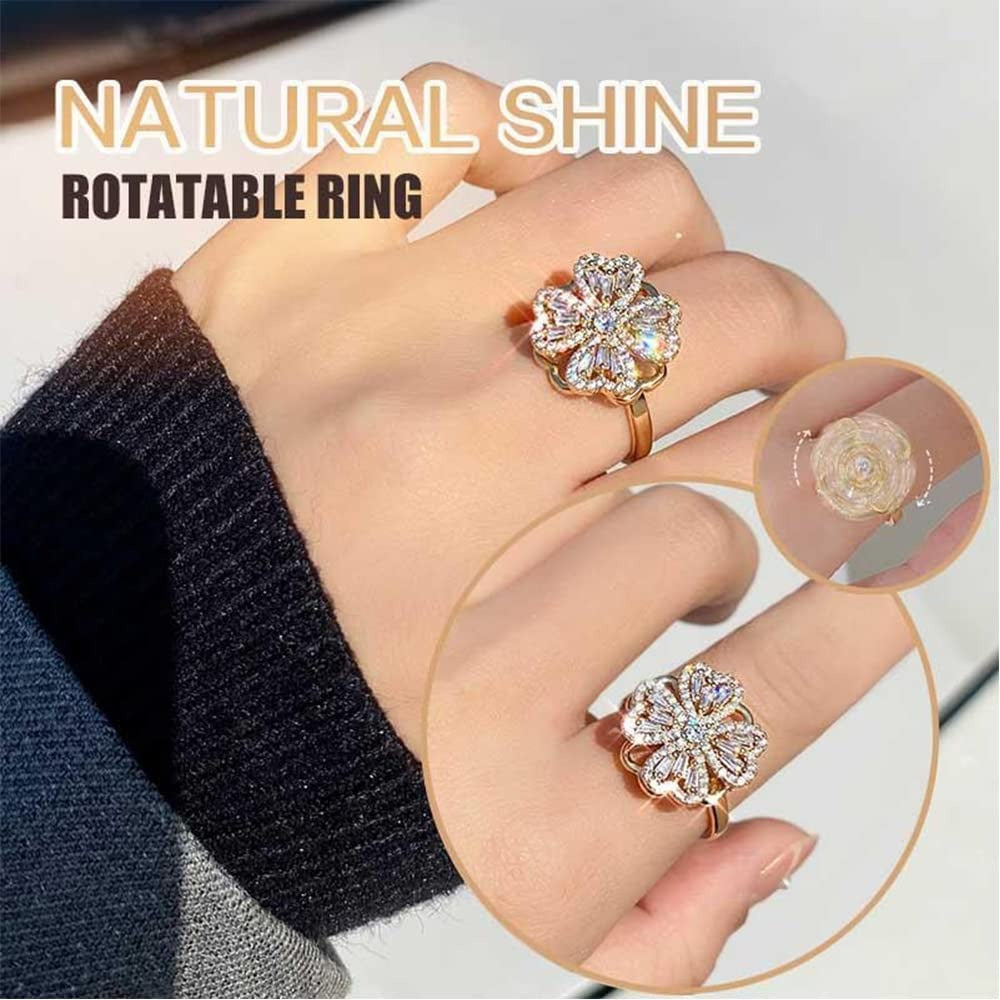 Stress Relief Ring, Adjustable Lucky Flower Ring For Women & Girls (With Box) - Golden