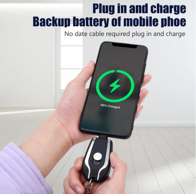 1500Mah Portable Keychain Power Bank With Telescopic Plug Design And One Button Shrink Feature For IPhone - Without Cable | (Random Colour)