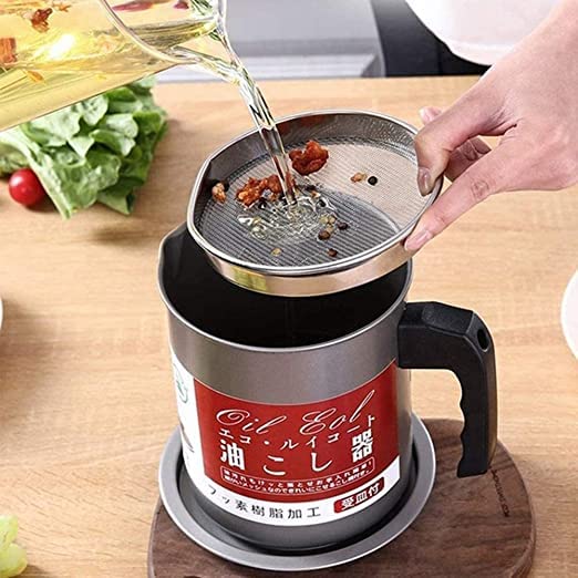 High Quality 1.4L Fryer Oil Filter Pot – Carbon Steel Oil Can With Stainless Steel Strainer Kitchen Storage Jug (Without Box)