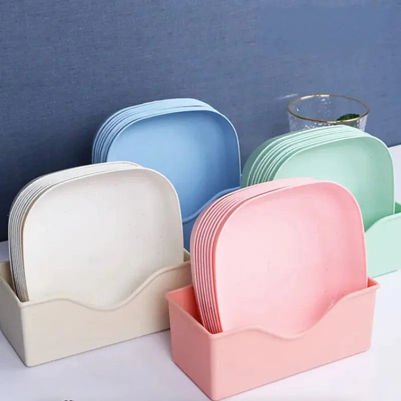 Plate Set Pack Of 10 – Plastic Split Bone Dish Plates With Holder (Random Colors)