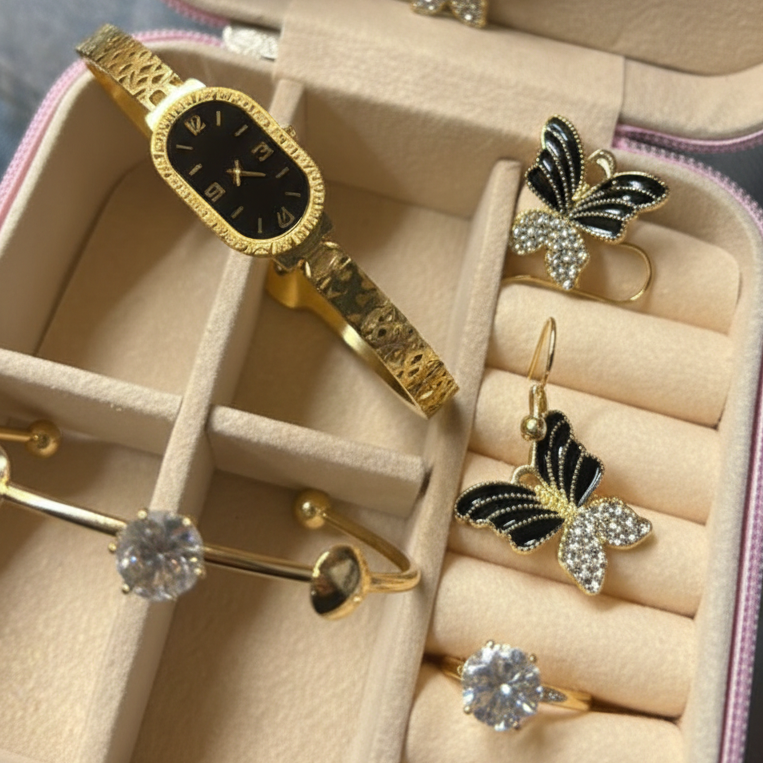 Elegant Butterfly Jewelry Gift Set – 6-Piece Gold-Tone Collection with Luxury Travel Case