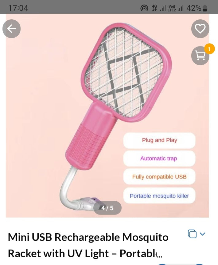 Mini USB Rechargeable Mosquito Racket with UV Light – Portable Electric Bug Zapper &amp; Fly Swatter for Indoor/Outdoor Use, Home, Office, Travel &amp; Camping