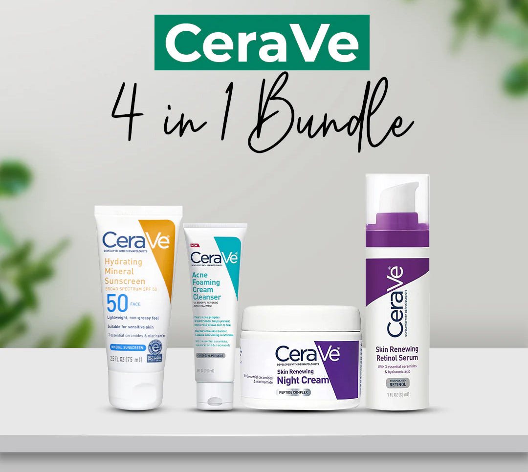 CeraVe 4 in1 Complete Skincare Combo Kit – Sunscreen SPF 50, Acne Cleanser, Retinol Serum & Night Cream